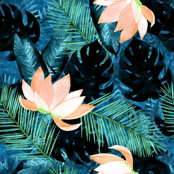 Watercolor Blue Palm Leaves Seamless Pattern Illustration Tropical Background — Stock Photo, Image