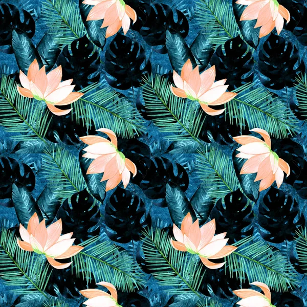 watercolor blue palm leaves seamless pattern illustration. Tropical background