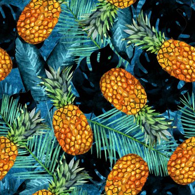 suluboya ananas ve palmiye yaprakları pürüzsüz desenli çizimler. Tropik arkaplan