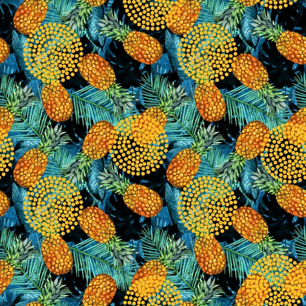 Akvarell Ananas Och Palm Blad Sömlös Mönster Illustration Tropisk Bakgrund — Stockfoto