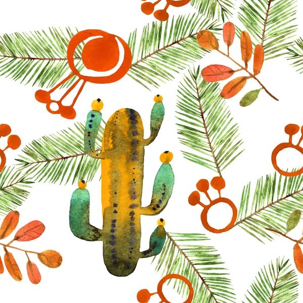 Akvarell Kaktus Apelsinblomma Och Tropiska Blad Isolerade Vit Bakgrund Exotisk — Stockfoto