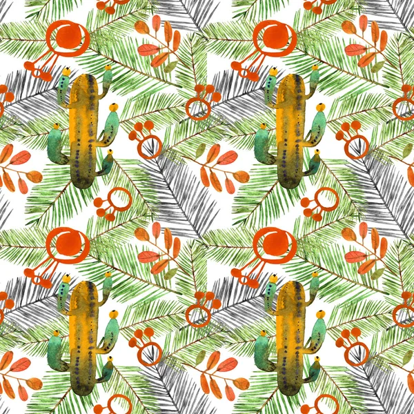 Akvarell Kaktus Apelsinblomma Och Tropiska Blad Isolerade Vit Bakgrund Exotisk — Stockfoto