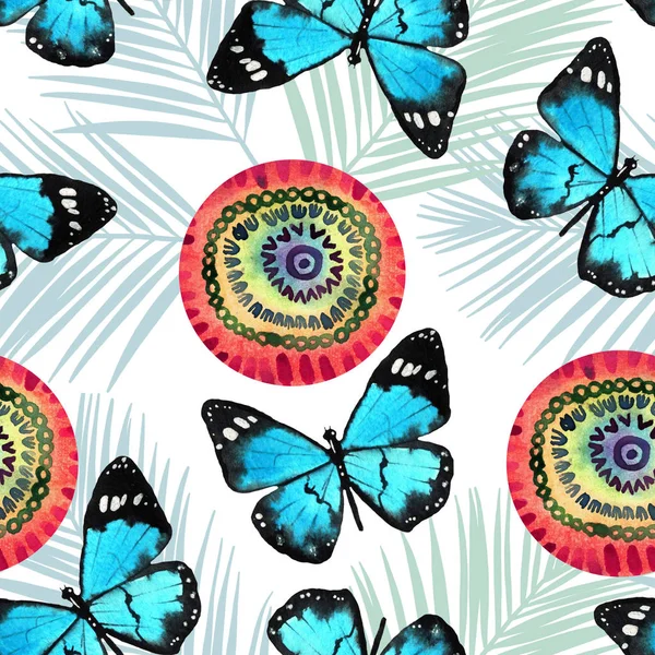 Aquarell Schmetterling Und Kreis Illustration Auf Palmblättern Hintergrund Tropischer Hintergrund — Stockfoto