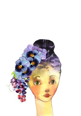 Beyaz arka planda izole edilmiş çiçek ve üzüm resimli suluboya kadın yüzü 