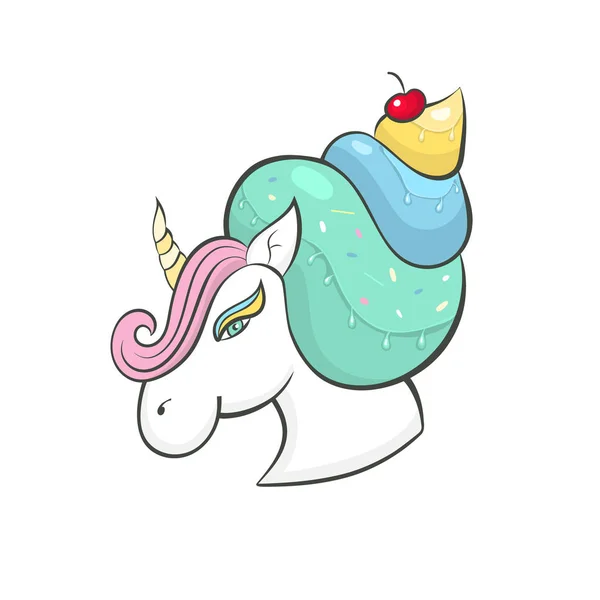 Vektor unicorn, ikon terisolasi, kartun, ilustrasi. Kepala stiker kuda potret - Stok Vektor