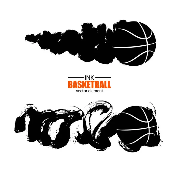 Vektör basketbol topu izole beyaz arka plan, mürekkep doku, uçan top, grunge tarzı.
