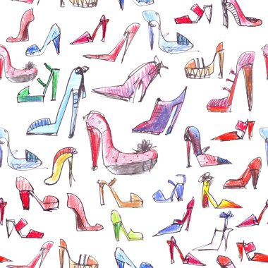 Sorunsuz raster büyük resimde beyaz dokulu kağıt üzerine pembe ve beyaz neon ayakkabılarla. Moda desenle güzel ayakkabı, el ile kalemler çekilmiş.