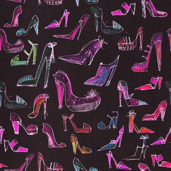 Seamless raster large illustration with pink and white neon shoes on blackboard. Fashion pattern with beautiful shoes, hand drawn with pencils. — Stock Photo, Image