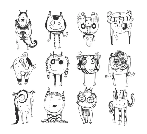 Linda colección monocromática con monstruos garabatos dibujados a mano, aislados sobre fondo blanco. Personajes encantadores quedándose y mirando. Vector blanco y negro ilustración infantil . — Vector de stock