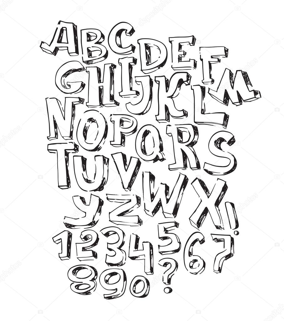 Hand drawn black font, isolated on white background. Vector alphabet, letters sequence from A to Z and numbers. Abc sequence, good for creative lettering or educative design.