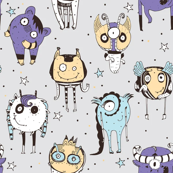 Cute seamless doodle pattern with lovely hand drawn monsters, dots and stars on grey background. Vector illustration with alien mascot characters. Cartoon image, good in child illustration — Stockový vektor