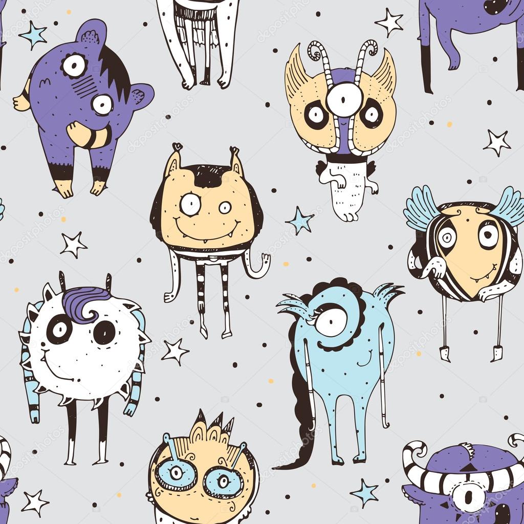 Cute seamless doodle pattern with lovely hand drawn monsters, dots and stars on grey background. Vector illustration with alien mascot characters. Cartoon image, good in child illustration