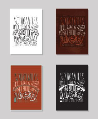 Bazen bir şişe viski ile bir arkadaşa ihtiyacım var. Ya da sadece bir şişe viski. Yaratıcı yazı koleksiyonu ile alkol seviyorum adanmış. Dikey elle çizilmiş vektör çizimler set