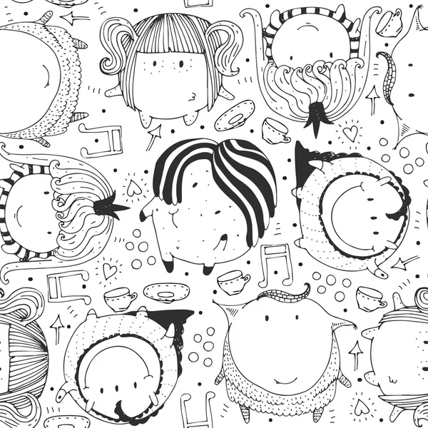 Seamless vector illustration with cute and lovely doodle monsters, hearts and decoration. Black and white hand drawn childish pattern. Cartoon alien characters based on sphere shape. — Διανυσματικό Αρχείο