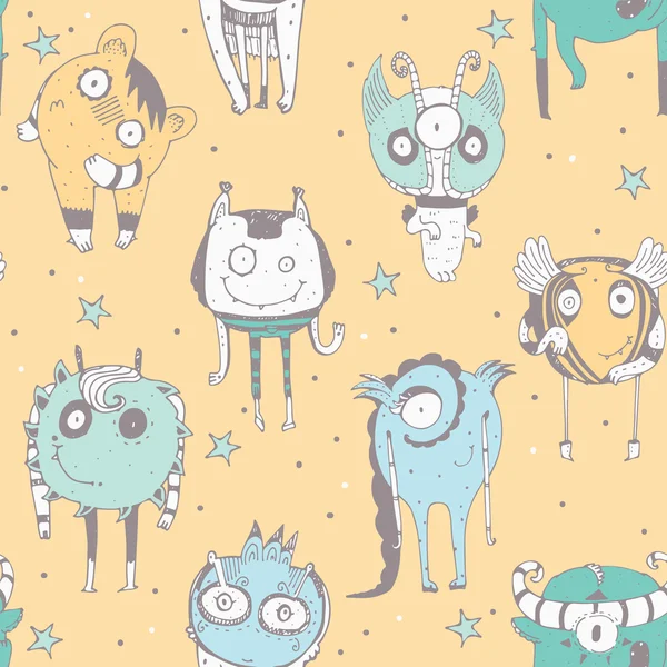 Cute seamless doodle pattern with lovely hand drawn monsters, dots and stars on yellow background. Vector illustration with alien mascot characters. Cartoon pastel image, good in child illustration Royalty Free Stock Vectors