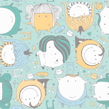 Sevimli ve güzel sorunsuz vektör çizim doodle canavarlar, kalp, dekorasyon. Parlak el arka plan üzerinde çizilmiş çocukça desen. Küre şekline göre renk uzaylı karakter karikatür.