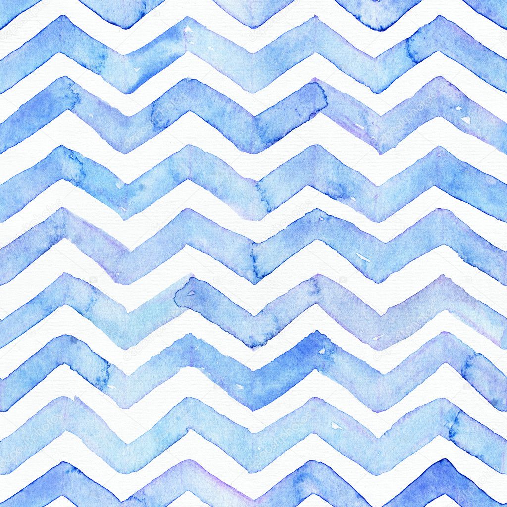 Blue watercolor seamless pattern with blue zigzag stripes, hand drawn with imperfections and water splashes. Square weave design, hand drawn with brush and aqua ink. Bright colors on white paper.