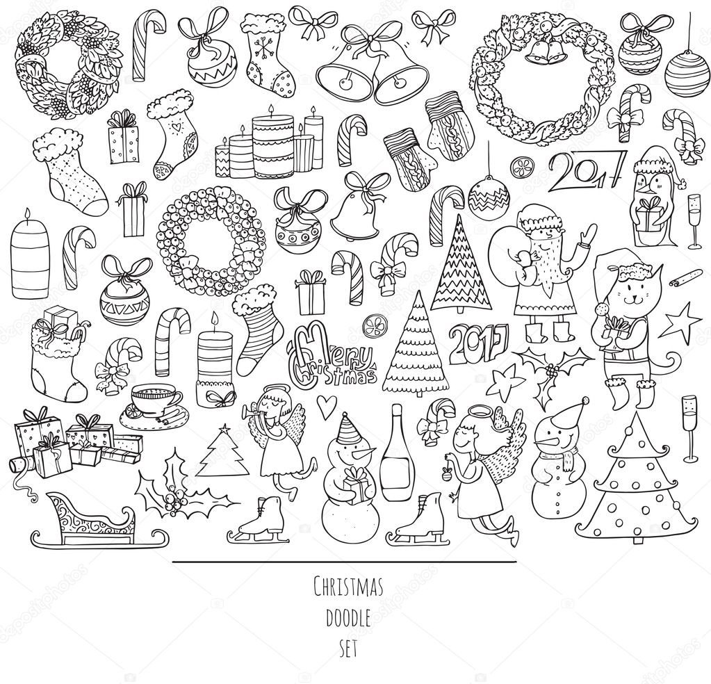 Christmas set of hand drawn doodles in simple graphic style. Vector black and white illustration with christmas accessories as christmas tree, decoration, santa and more. Black outline on white