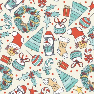 Hediye, yılbaşı ağacı ve nesnelerle el çekilmiş penguen ile Seamless Noel modeli. Basit grafik tarzı karalamalar. Bej renkli arka plan üzerinde mavi ve kırmızı renklerde dekoratif illüstrasyon vektör.