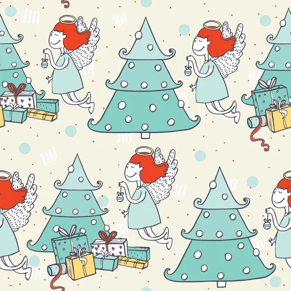 Patrón de navidad sin costuras con ángel volador dibujado a mano y árbol de navidad. Doodles en estilo gráfico simple. Ilustración decorativa vectorial en colores azul y rojo o fondo beige . — Archivo Imágenes Vectoriales