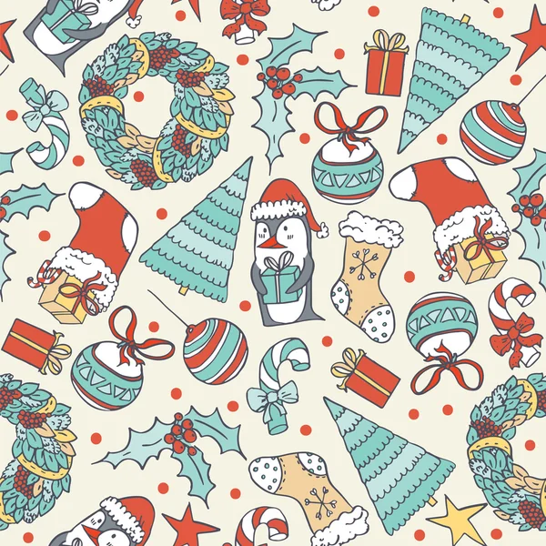 Hediye, yılbaşı ağacı ve nesnelerle el çekilmiş penguen ile Seamless Noel modeli. Basit grafik tarzı karalamalar. Bej renkli arka plan üzerinde mavi ve kırmızı renklerde dekoratif illüstrasyon vektör.