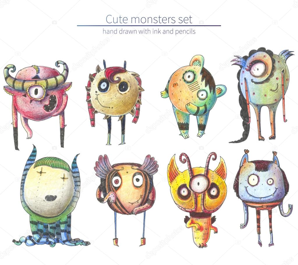 Set of cute and lovely hand drawn monsters, drawn with pencils and ink on white background. Raster large illustration with collection of different fictional characters with strange fantasy anatomy.