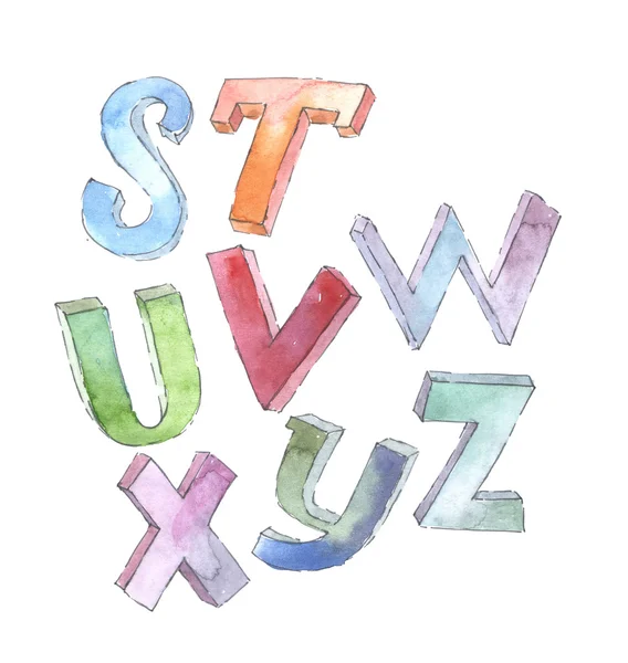 Akwarela czcionki 3d, ręcznie rysowane z barwnika i pędzel. Abc alfabet — Zdjęcie stockowe
