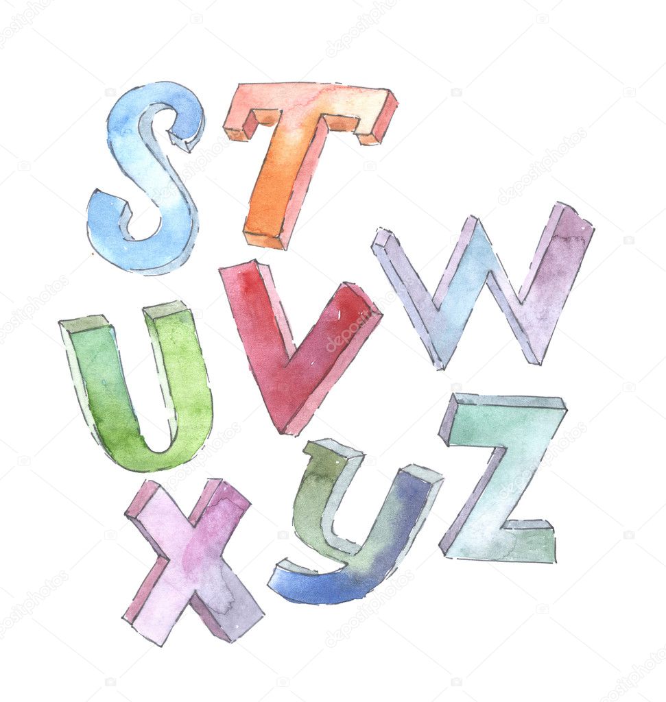 Watercolor 3d font, hand drawn with dye and brush. Abc alphabet 