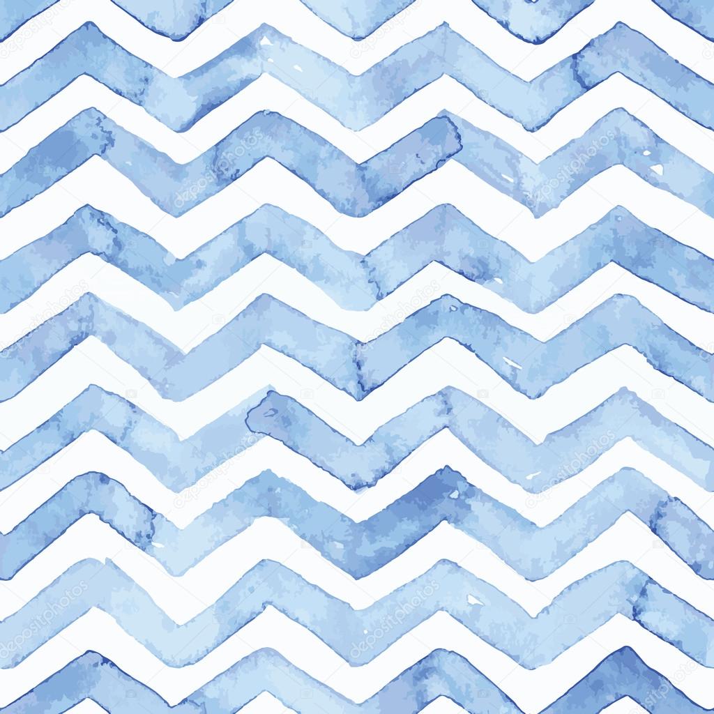 Blue watercolor seamless pattern with blue zigzag stripes
