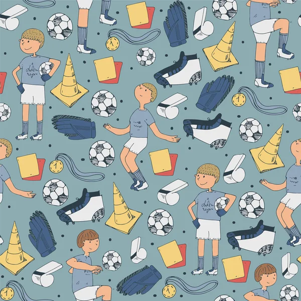 Ilustração vetorial sem costura com jogadores de futebol e acessórios de futebol em posição aleatória sobre fundo azul. Ilustração desenhada à mão com bola, cartões vermelhos, botas, cones e outros equipamentos . — Vetor de Stock