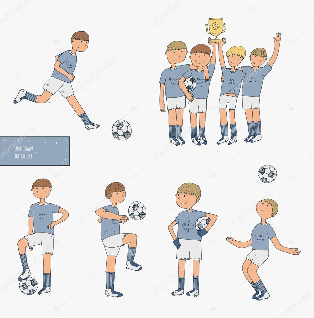 Hand drawn vector illustration with soccer players, isolated on white background. Football stuff, happy winning team, training boys in uniform. Imperfect image, drawn in doodle style.