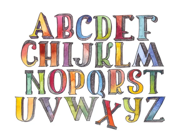 Jeu de lettres aquarelle dessinées à la main séquence de A à Z isolé sur fond blanc. Grande illustration raster granuleuse. Alphabet 3D avec imperfections, manuscrit à l'encre et au pinceau . — Photo