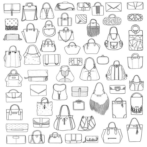 Gran conjunto vectorial de bolsas de moda de punto en blanco y negro, dibujadas a mano con tinta negra, aisladas sobre fondo blanco. Ilustración con grupo de varios bolso, bolso, bolso, bolso, bolso, embrague, bolso — Vector de stock