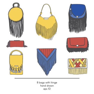 9 moda vektör çanta saçak, beyaz arka plan üzerinde izole ile şık topluluğu. Kırmızı, sarı ve mavi renkli resimde. Elle çizilmiş moda trend glamour vogue tarzda kiti ayarla