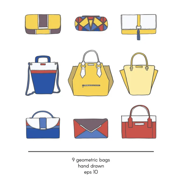 Stylish collection of 9 fashion vector bags with geometric design, isolated on white background. Color illustration in red, yellow and blue. Hand drawn fashion trend glamour set kit in vogue style — Stock Vector