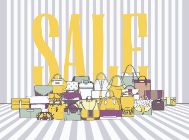 Yatay illüstrasyon bol çeşitli çantalar ve çizgili beyaz ve gri arka plan üzerinde büyük kelime Satılık. Vektör şık resimde sarı ve mor desenli. Elle çizilmiş aksesuarları vardır