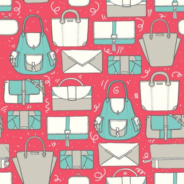 Seamless vector illustration with cute teal and grey handbags and clutches in fashion stylish pattern. Hand drawn background, drawn with imperfections on pink background. clipart