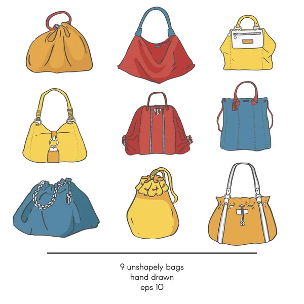 9 divat formátlan vektor táska, elszigetelt fehér background elegáns gyűjteménye. Színes illusztráció táskákkal, piros, sárga és kék. Kézzel rajzolt divat trend glamour kit divatos stílusban — Stock Vector