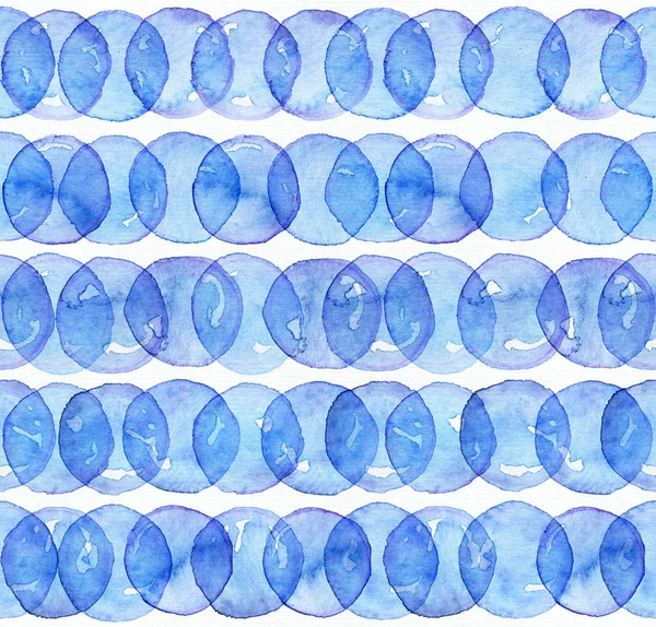 Seamless watercolor texture, based on blue hand drawn imperfect circles in a geometric repeating design. Square pattern, good for fabric, wrapping paper design. Blue circles overlapped. — Stock Photo, Image