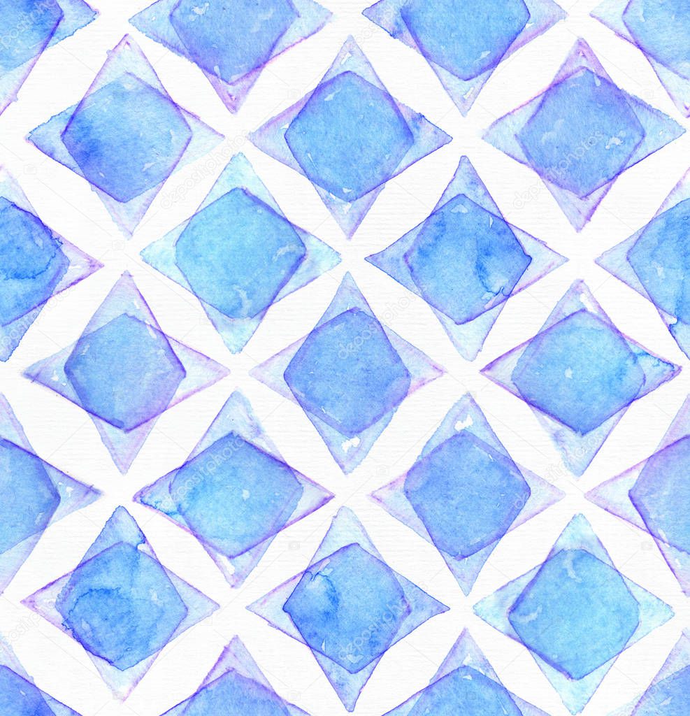 Large seamless raster texture with blue rhombus in overlapped shapes on white watercolor paper. Creative grainy illustration hand drawn with brush. Creative pattern in freehand style