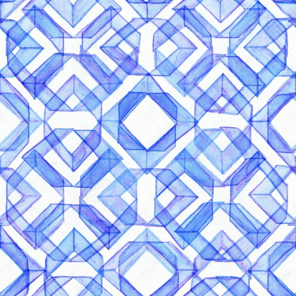 Seamless watercolor texture, based on blue hand drawn imperfect lines in a geometric repeating design. Beautiful pattern, good for fabric, wrapping paper design. Blue brush strokes overlapped.