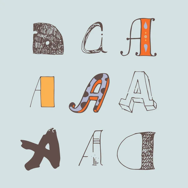 Ensemble vectoriel de lettres alphabétiques colorées A, isolées sur fond bleu clair. Collection, bon pour le lettrage créatif, logo, design de marque. Lettres dessinées à la main avec pinceau et encre, dans différents styles — Image vectorielle