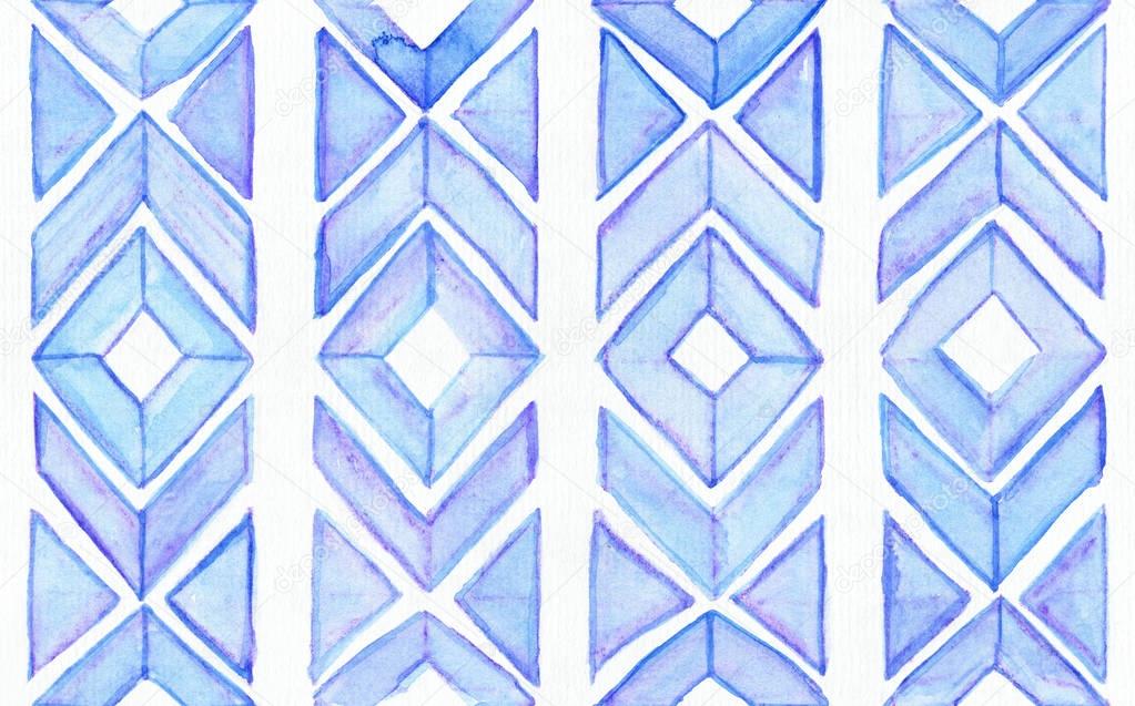Seamless watercolor texture, based on blue hand drawn imperfect shapes in a geometric repeating design. Beautiful pattern, good for fabric, wrapping design. Blue brush strokes in a symmetric design