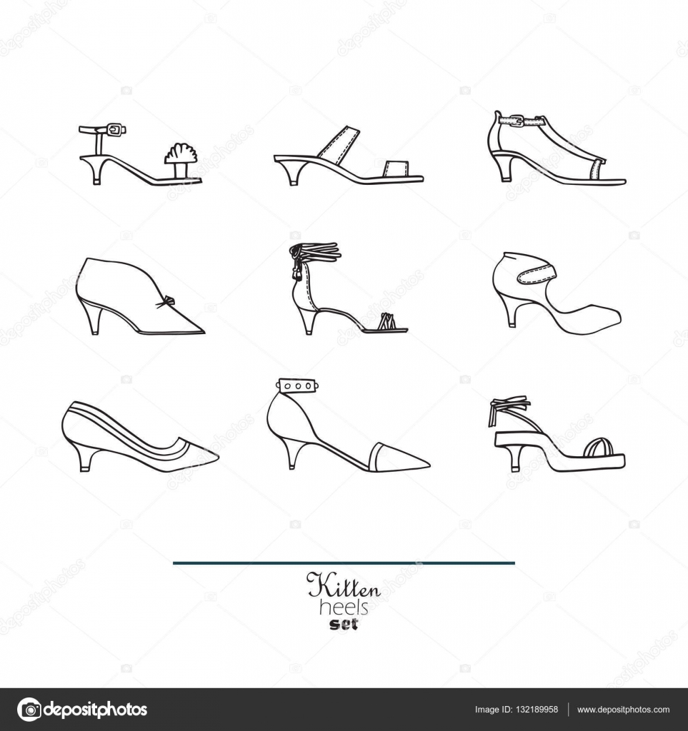 piatto scarpe mano disegnata in elegante collezione di tacchi gattino Illustrazione di moda buona per il disegno creativo Immagine in bianco e nero su