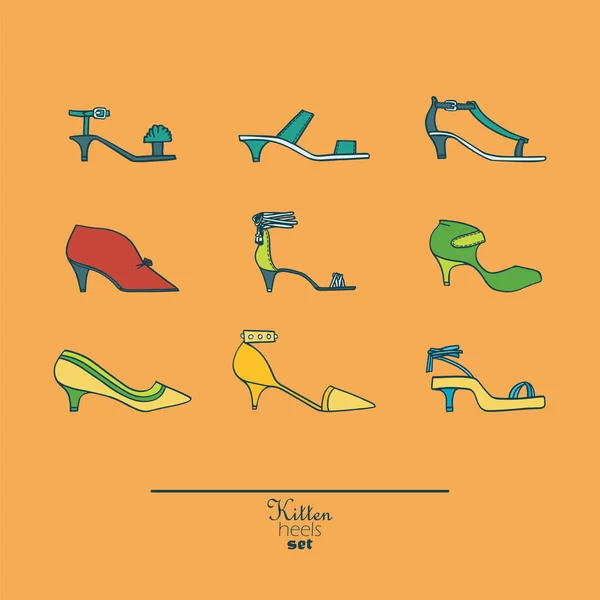 Bel ensemble de chaussures vectorielles plates isolées sur fond dessinées à la main dans une collection élégante de talons de chaton. Illustration de mode bonne pour le design créatif. Couleur image lumineuse sur fond orange — Image vectorielle