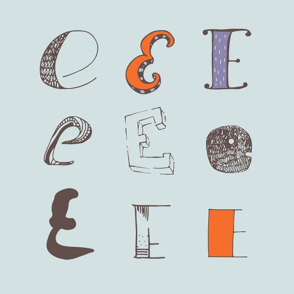 Vector reeks van kleurrijke Alfabetletters E, geïsoleerd op lichte blauwe achtergrond. Collectie, goed voor creatieve belettering, logo, huisstijl ontwerp. Brieven hand getrokken met penseel en inkt, in verschillende stijlen — Stockvector