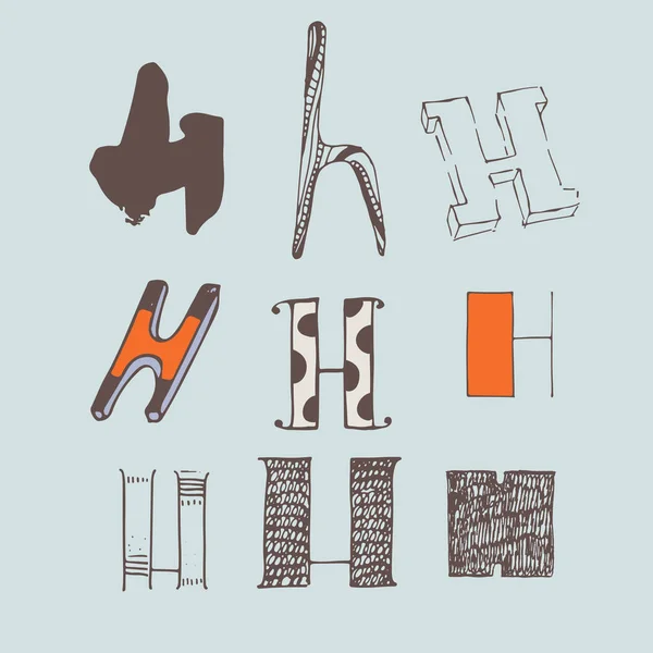 Vektorové Sada barevné abeceda písmen H, izolované na světle modrém pozadí. Kolekce, vhodné pro kreativní nápisy, loga, značky design. Dopisy rukou nakreslen a inkousty, v různých stylech — Stockový vektor