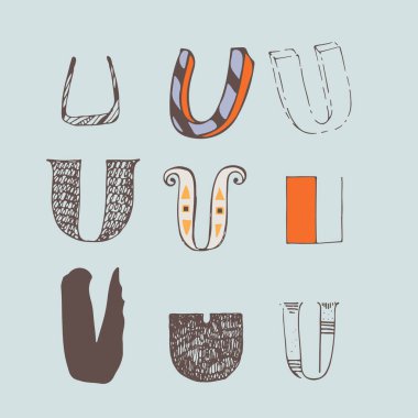 Vektör set renkli Alfabe harf U, açık mavi renkli izole. Koleksiyon, yaratıcı yazı, logo, Tasarım marka için iyi. Fırça ve mürekkep, farklı tarzlarda çizilen harf el