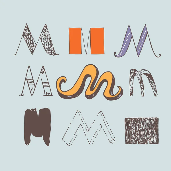 Açık mavi renkli izole renkli Alfabe harf M, vektör kümesi. Koleksiyon, yaratıcı yazı, logo, Tasarım marka için iyi. Fırça ve mürekkep, farklı tarzlarda çizilen harf el