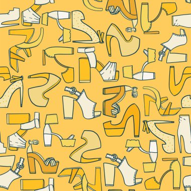 Kesintisiz moda model Sarı zemin üzerine. Çeşitli düz bir sürü yüksek platform topuklu ayakkabılarla doodle. Sandalet ve ayakkabı, güzel ayakkabılar, elle çizilmiş, kağıt ve diğer tasarım kaydırma için iyi